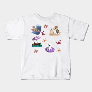 Dogs being cute at the beach pattern and sticker pack Kids T-Shirt